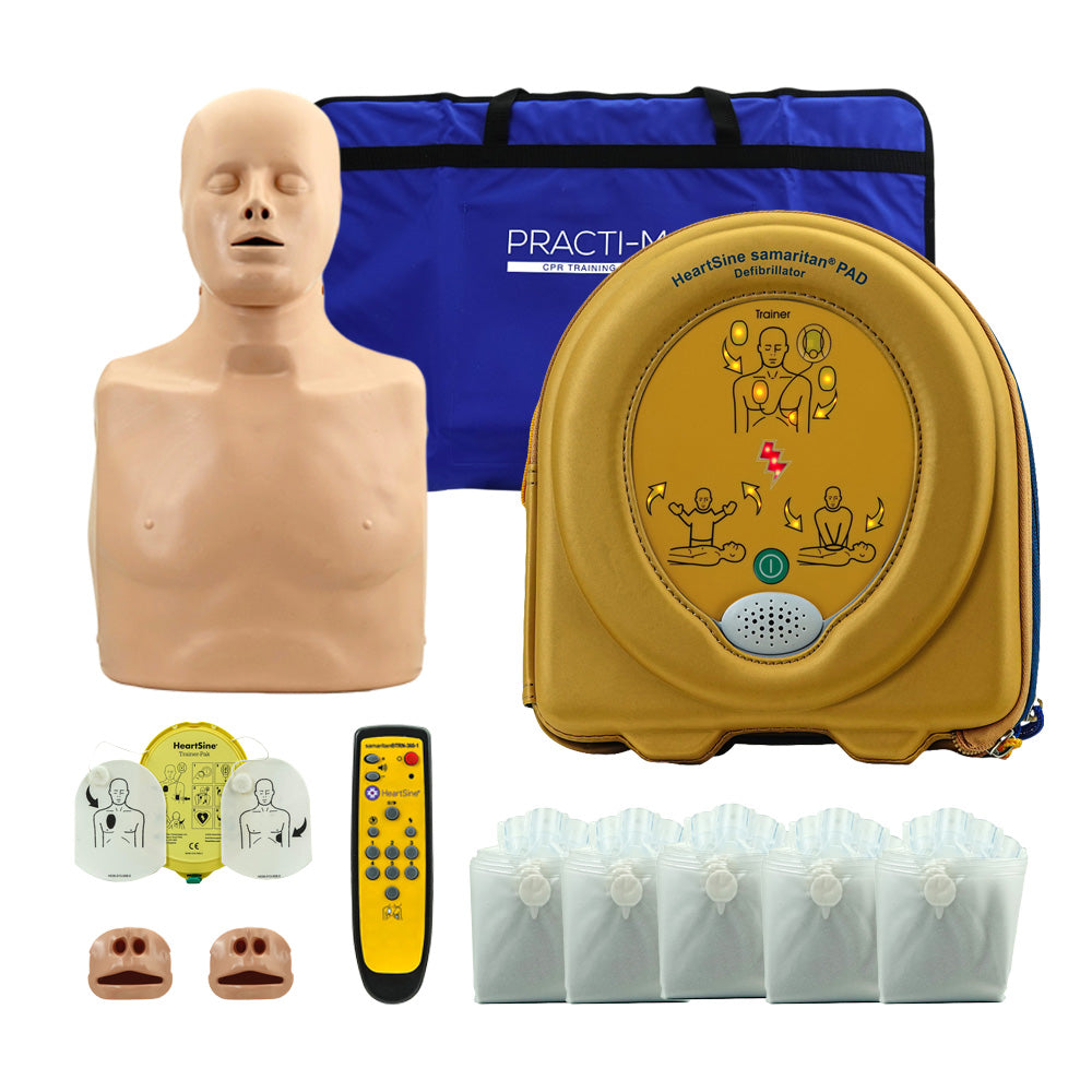 AED training set: HeartSine PAD 350P defibrillator + Practi-Man training dummy