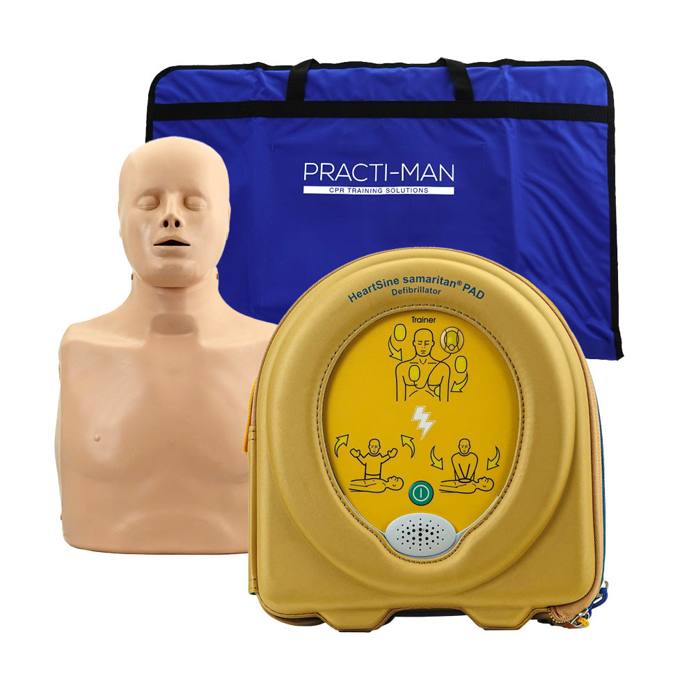 AED training set: HeartSine PAD 360P defibrillator + Practi-Man training dummy