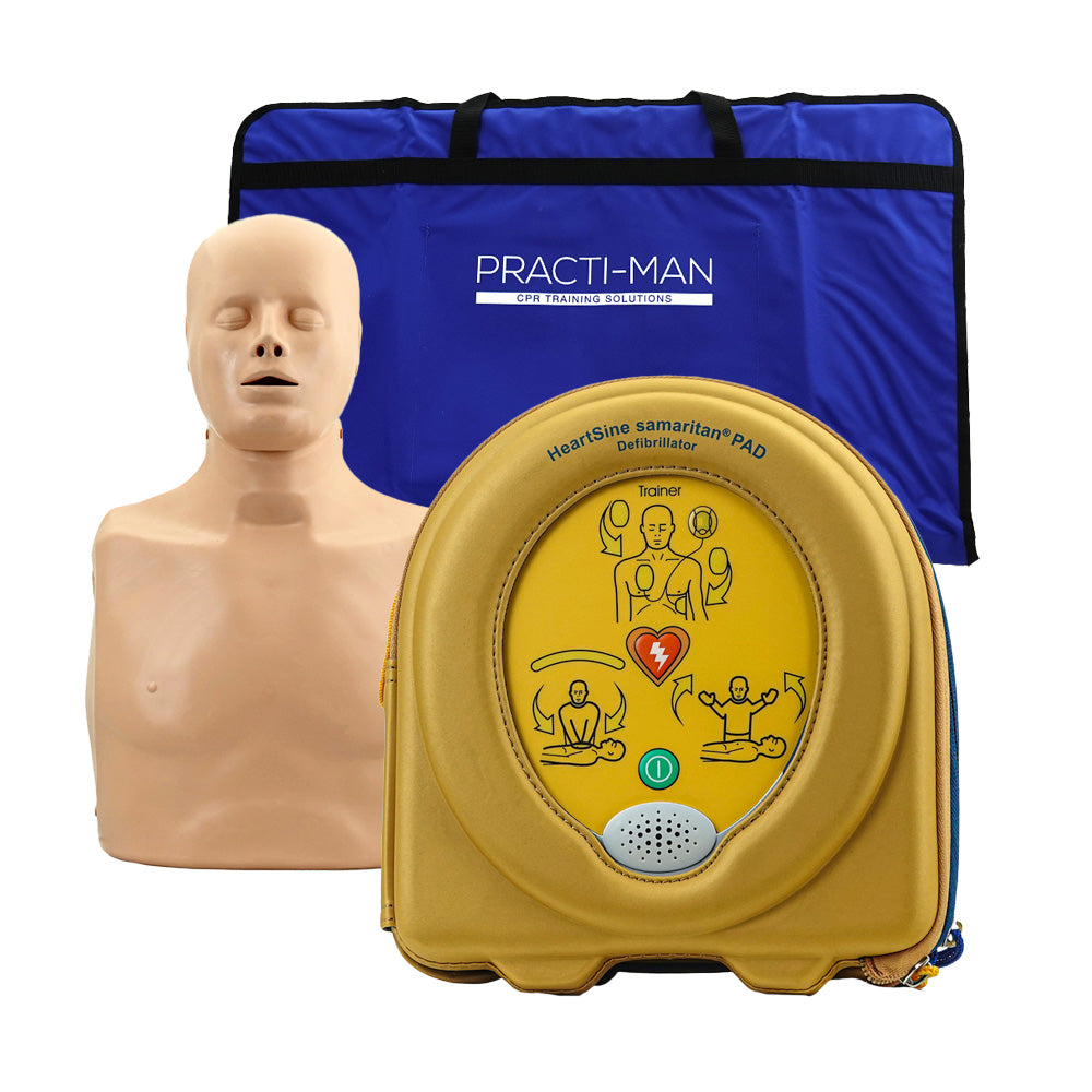 AED training set: HeartSine PAD 500P defibrillator + Practi-Man training dummy