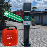 Self-sufficient HeartSave Y-defibrillator station with solar column for communities and cities