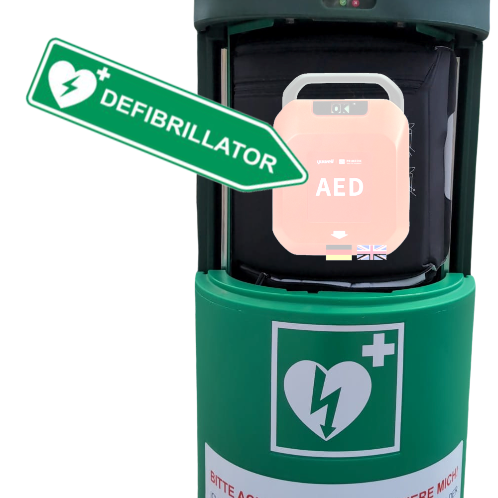 Self-sufficient HeartSave Y-defibrillator station with solar column for communities and cities