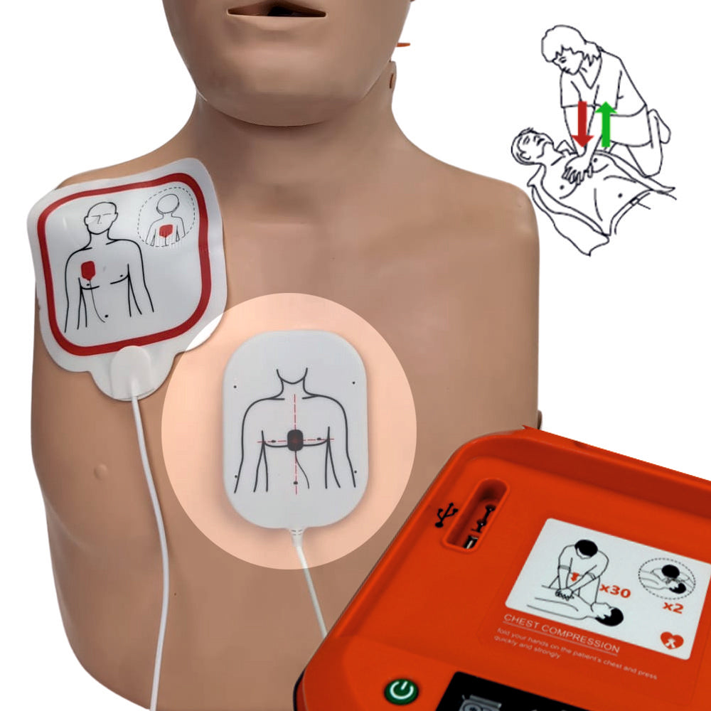 HeartSave YA with graphic display, automatic shock delivery and CPR feedback sensor, DE/EN