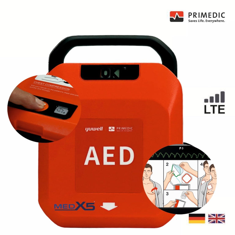 HeartSave Y mit LCD-Bildschirm, manuelle Schockauslösung, Fernüberwachung mit LTE-Modul und IoT-Lizent, DE/EN