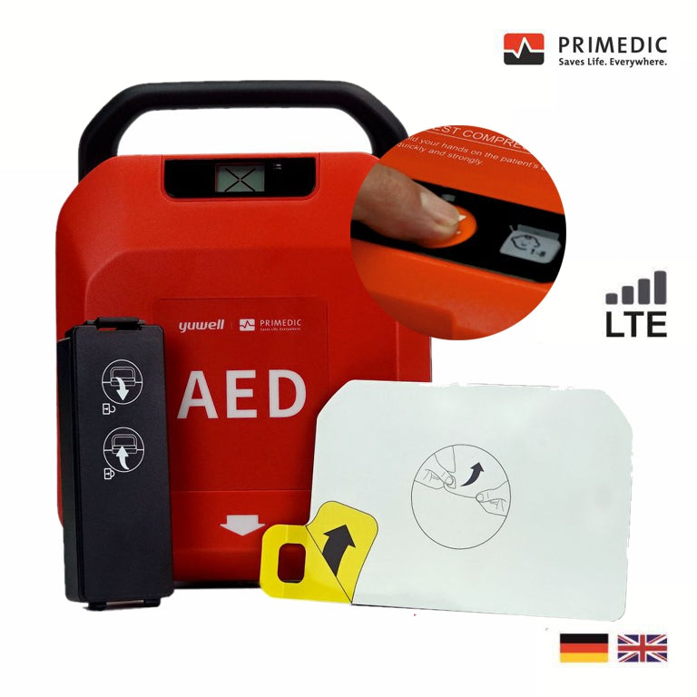 HeartSave Y mit Grafikanzeige, manuelle Schockauslösung, Fernüberwachung mit LTE-Modul und IoT-Lizenz, DE/EN