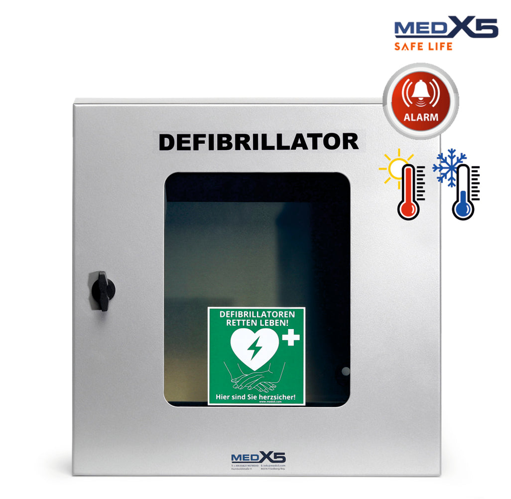 AED-Außenwandkasten Grau | IP54 inkl. Alarm, Lüftung und Heizung