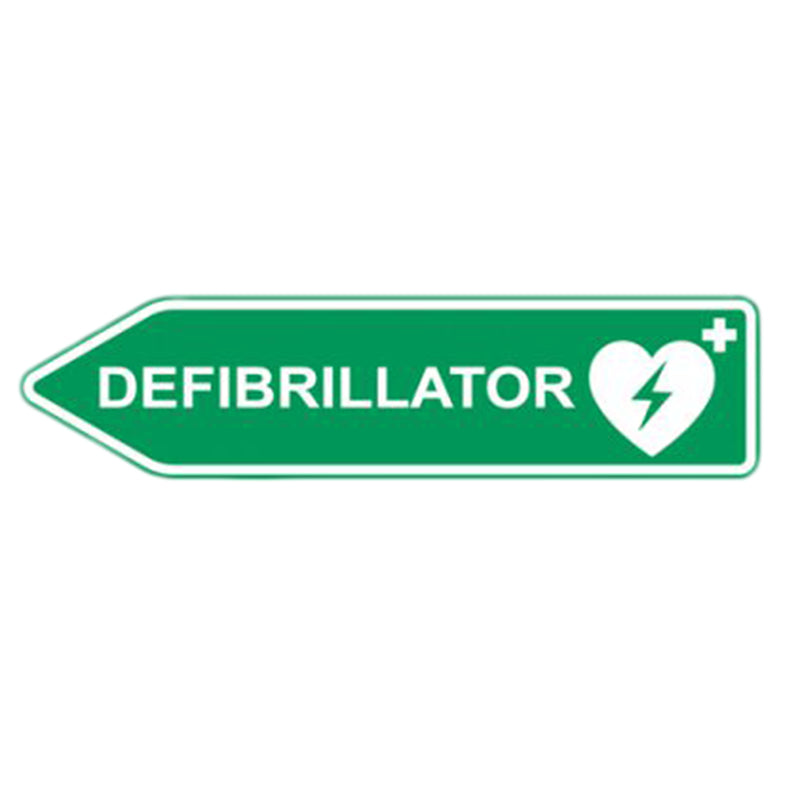 Defibrillator (AED) road sign pointing left