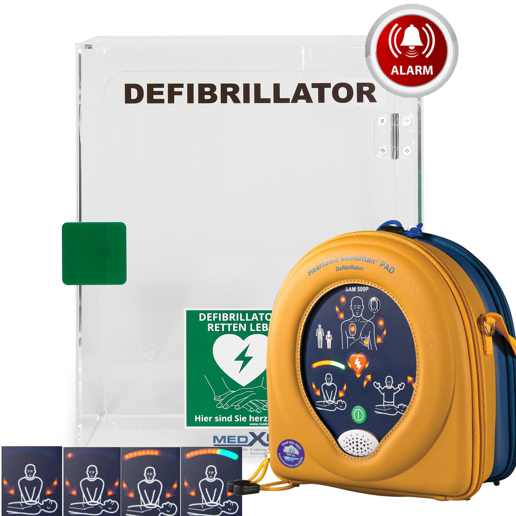 AED-Indoor-Paket mit Plexiglaswandkasten & HeartSine SAM500P Reanimations-Defibrillator
