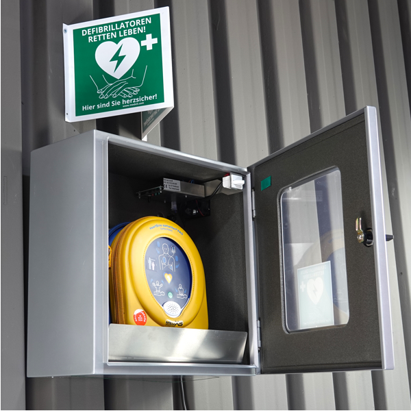 AED-Outdoor-Paket mit klimatisiertem Wandkasten, Alarmen, Beleuchtung, Heizung, Lüfter & HeartSine SAM350P