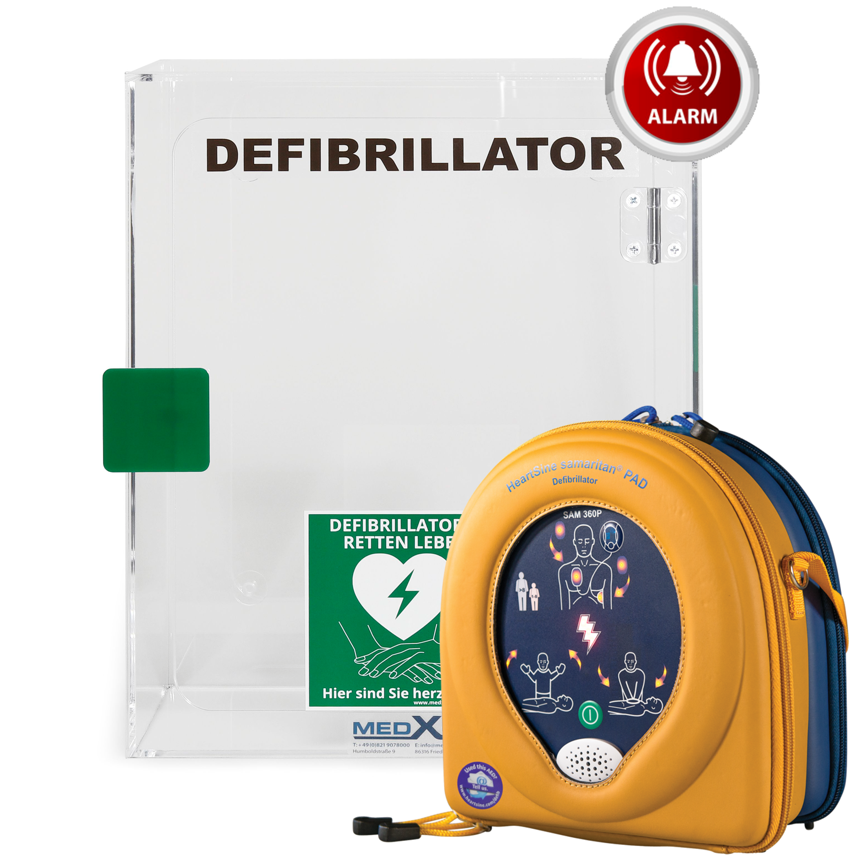 AED-Indoor-Paket mit Plexiglaswandkasten & HeartSine SAM360P Erste-Hilfe- & Laiendefibrillator