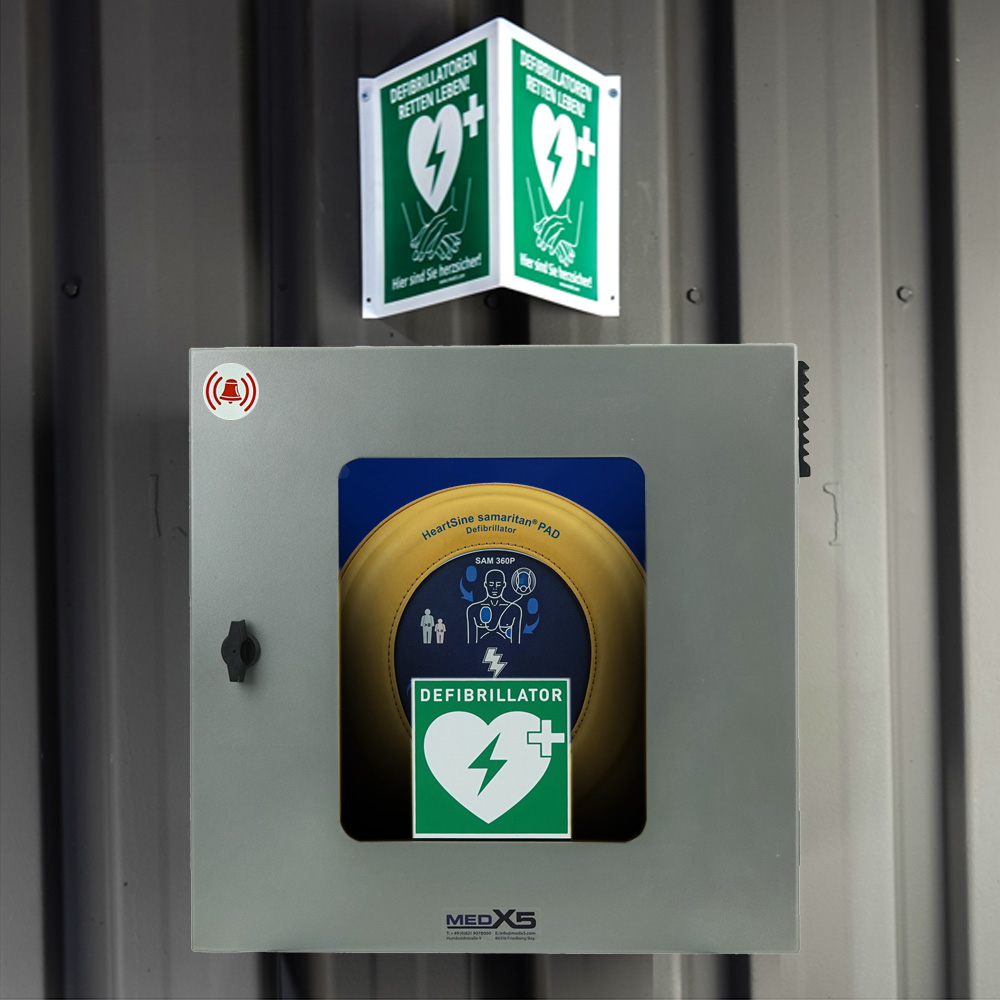 AED-Outdoor-Paket mit klimatisiertem Wandkasten, Alarmen, Beleuchtung, Heizung, Lüfter & HeartSine SAM360P
