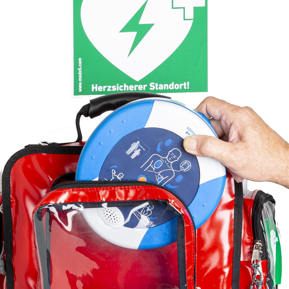 HeartSine SAM 350P Laiendefibrillator + Erste-Hilfe-Wandtasche (für DIN Befüllungen) mit Defibrillatorfach