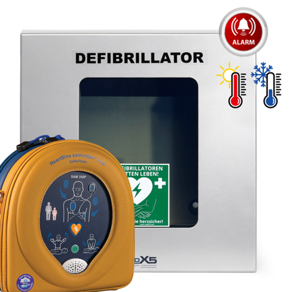 AED-Outdoor-Paket mit klimatisiertem Wandkasten, Alarmen, Beleuchtung, Heizung, Lüfter & HeartSine SAM350P