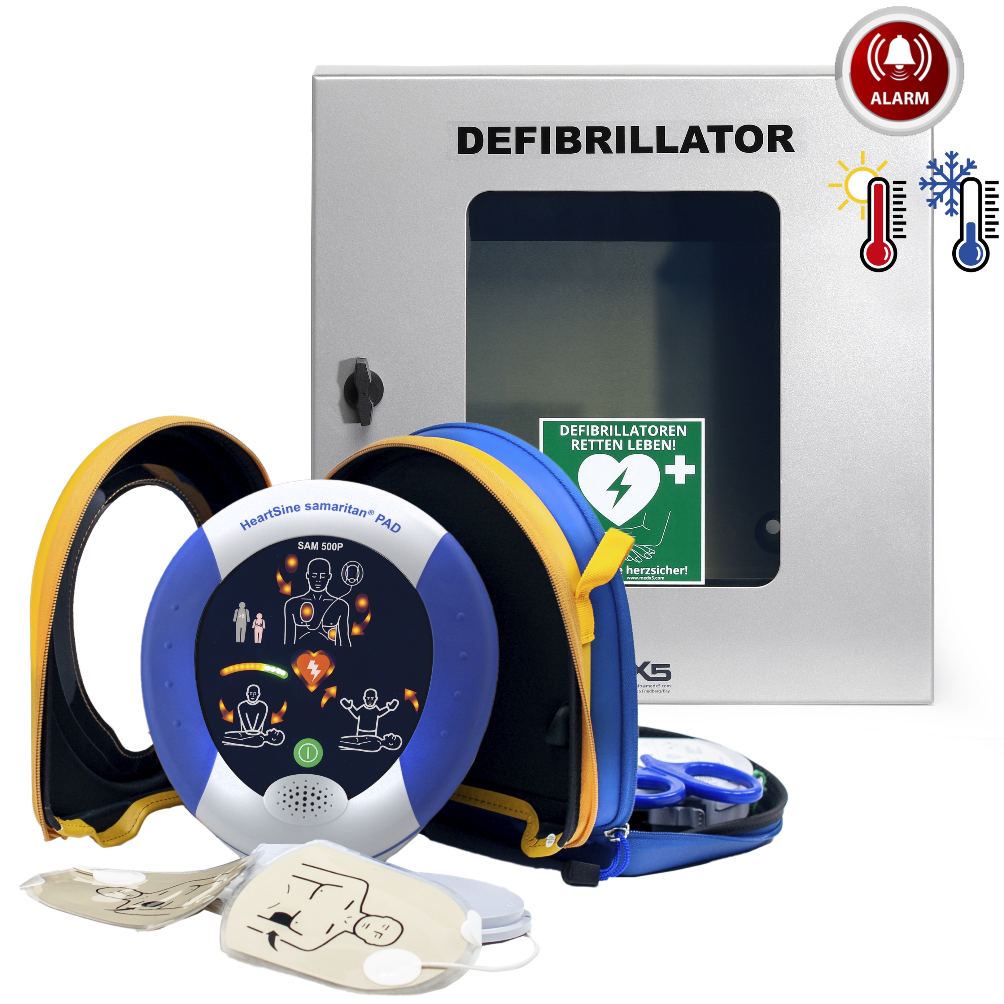 AED-Outdoor-Paket mit klimatisiertem Wandkasten, Alarmen, Beleuchtung, Heizung, Lüfter & HeartSine SAM500P Reanimations-Defibrillator