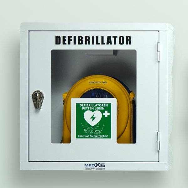 AED-Indoor-Paket mit Metallwandkasten & HeartSine SAM350P Erste-Hilfe- & Laiendefibrillator