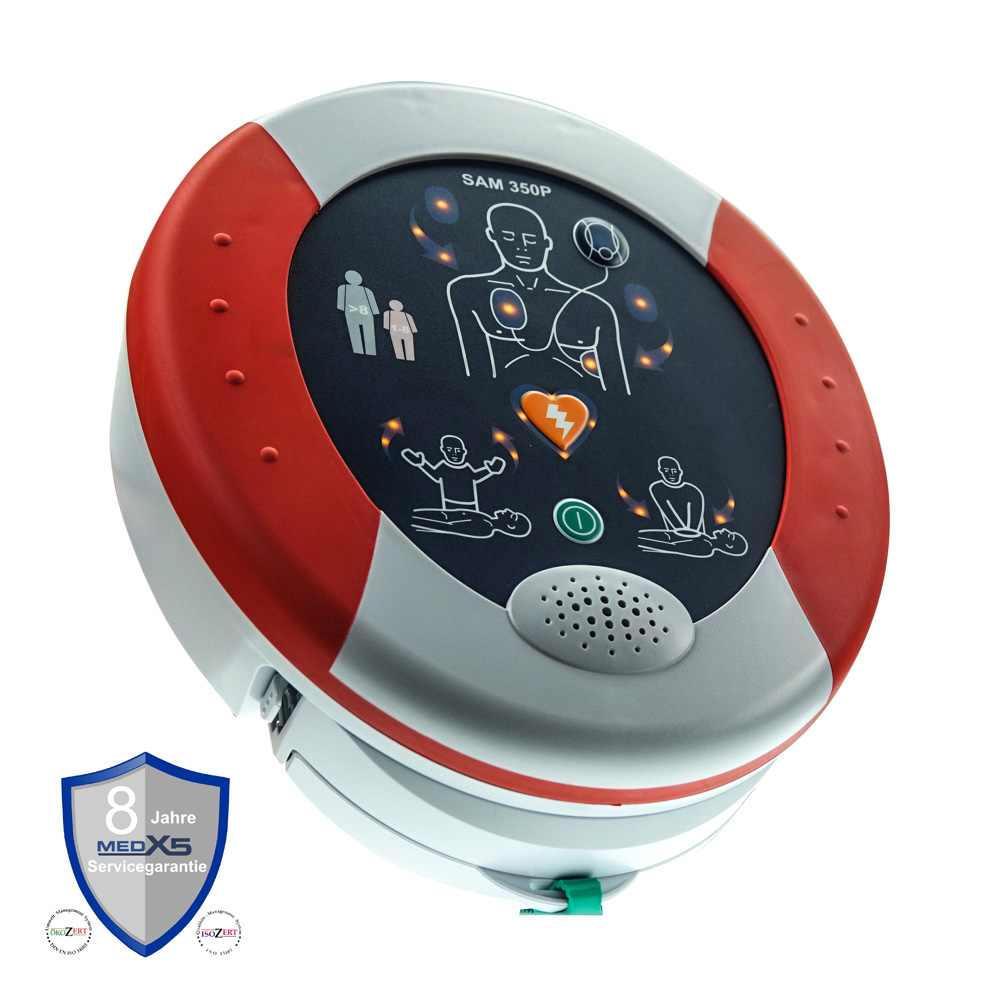SAM-Notfall-Defibrillator für zuhause, 4 J. MedX5 Servicegarantie mit Wand- & Transporttasche