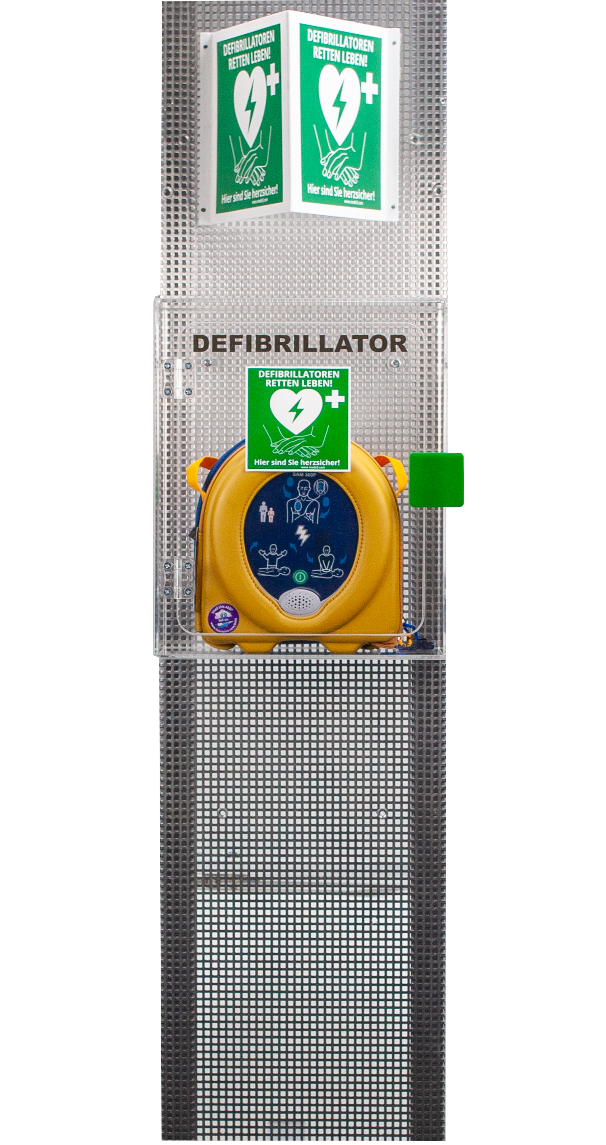 Defibrillator AED Plexiglas-Wandkasten, innen, mit Alarm, Universalgröße
