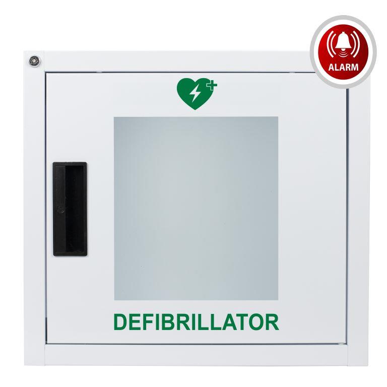 Defibrillator AED Metallwandkasten, universal für alle Defibrillator- Typen, weiß für Innenbereiche mit Alarm