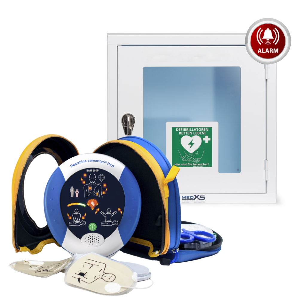 AED-Indoor-Paket mit Metallwandkasten & HeartSine SAM500P Reanimations-Defibrillator