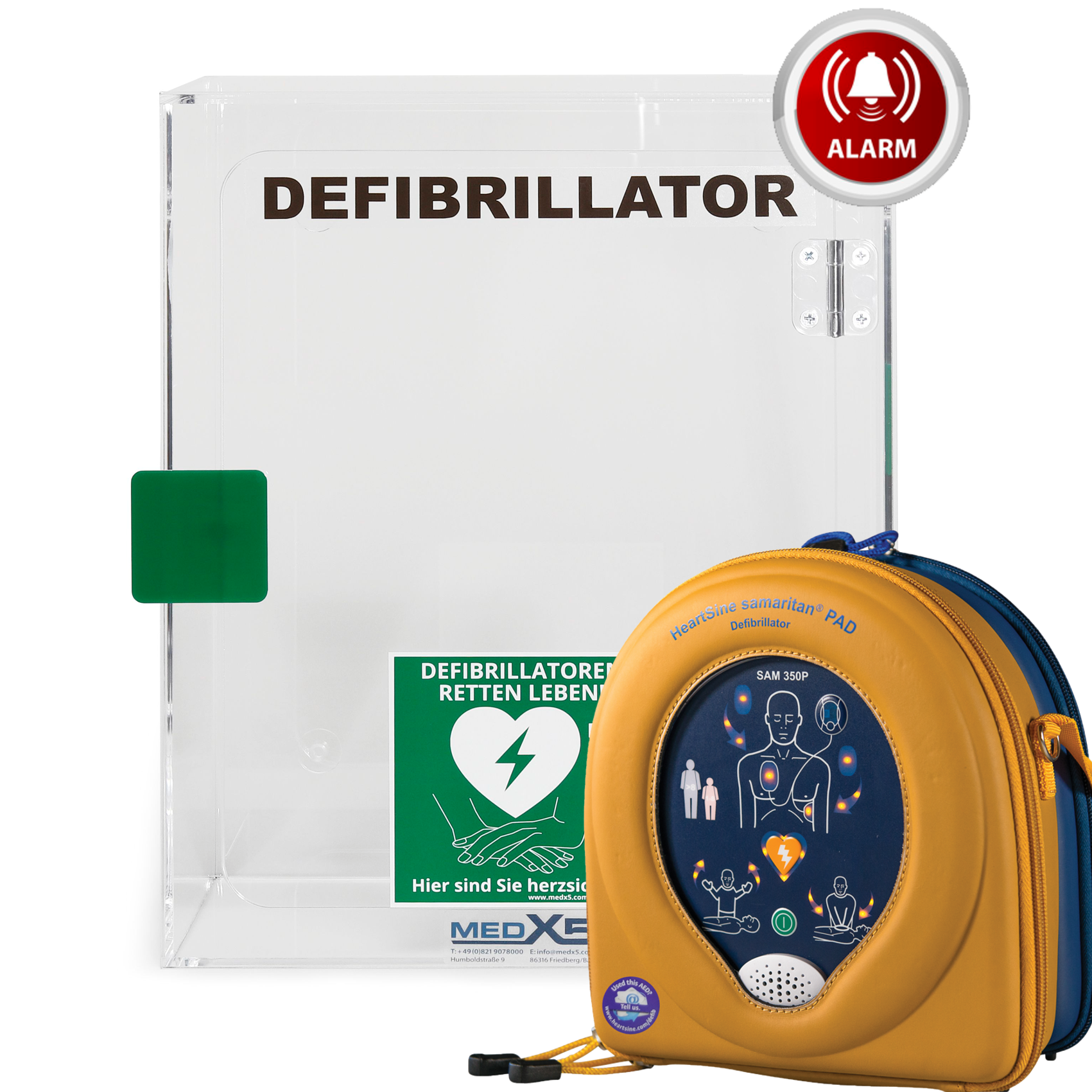 AED-Indoor-Paket mit Plexiglaswandkasten & HeartSine SAM350P Erste-Hilfe- & Laiendefibrillator